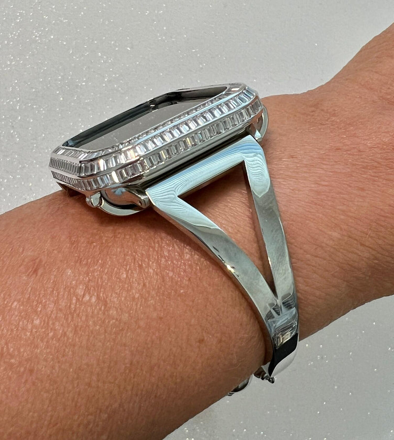 Sleek Sliver Apple Watch Band Bangle Bracelet Womens & or Custom Apple Watch Case 3 Rows of Baguette Lab Diamonds Iwatch Candy 40 41 44 45mm