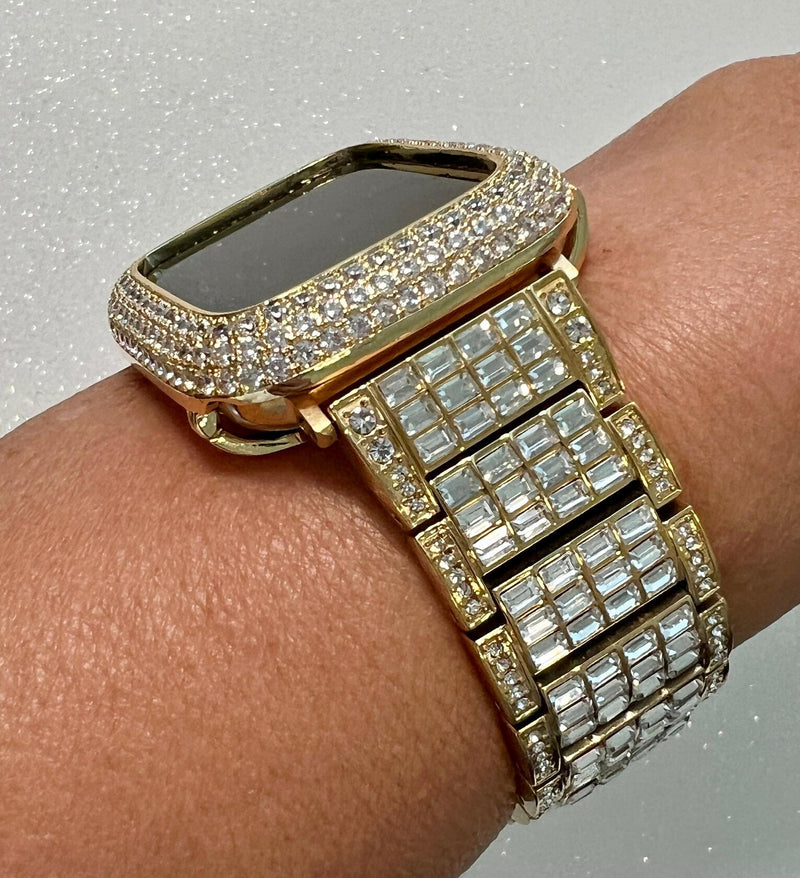 Mens Apple Watch Band Women Gold Swarovski Crystals & or Apple Watch Cover Pave Lab Diamond Bezel 38mm-49mm Ultra Iwatch Candy Bling