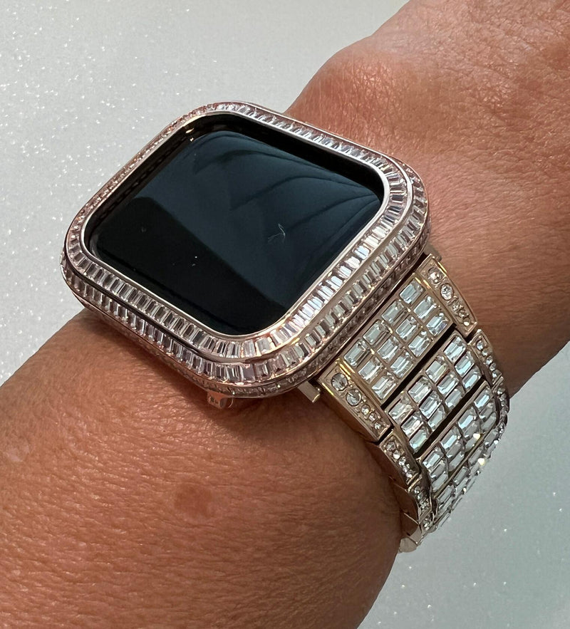 Apple Watch Band Women Rose Gold Swarovski Crystals & or Apple Watch Cover Baguette Lab Diamond Bezel 40mm 41mm 44mm 45mm Iwatch Candy Bling