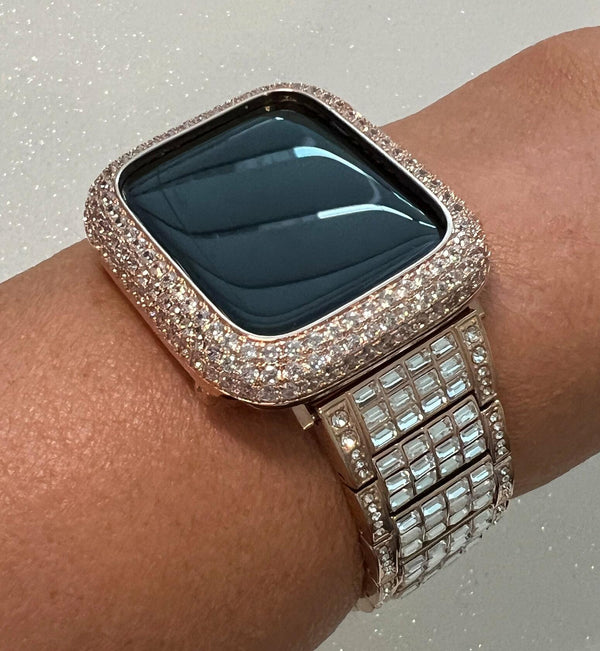 Apple Watch Band Women Rose Gold Swarovski Crystals & or Apple Watch Cover Pave Lab Diamond Bezel Case 38mm-49mm Ultra Iwatch Candy Bling