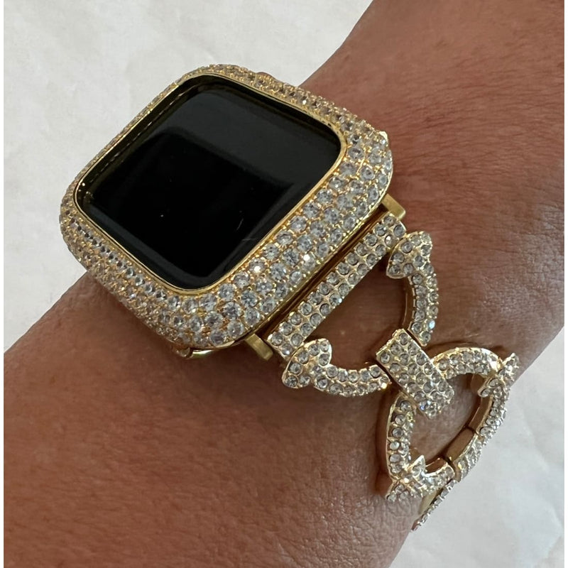 Pave Apple Watch Band 38 40 41 42 44 45 49mm Ultra Gold Swarovski Crystals & or Lab Diamond Bezel Cover Smartwatch Case Bling Series 1-8 SE