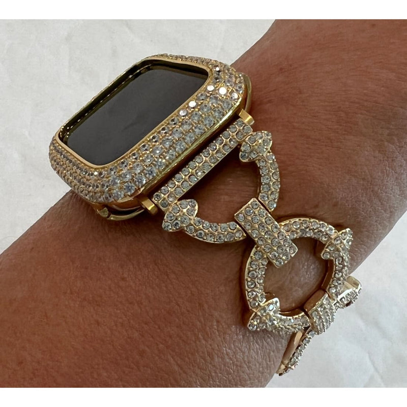 Pave Apple Watch Band 38 40 41 42 44 45 49mm Ultra Gold Swarovski Crystals & or Lab Diamond Bezel Cover Smartwatch Case Bling Series 1-8 SE