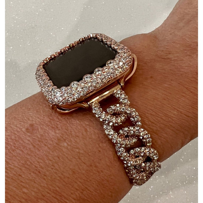 Pave Apple Watch Band Women Swarovski Crystals Rose Gold Bracelet 49mm Ultra & or Apple Watch Cover Smartwatch Bumper Bling 41mm 45mm - 41mm