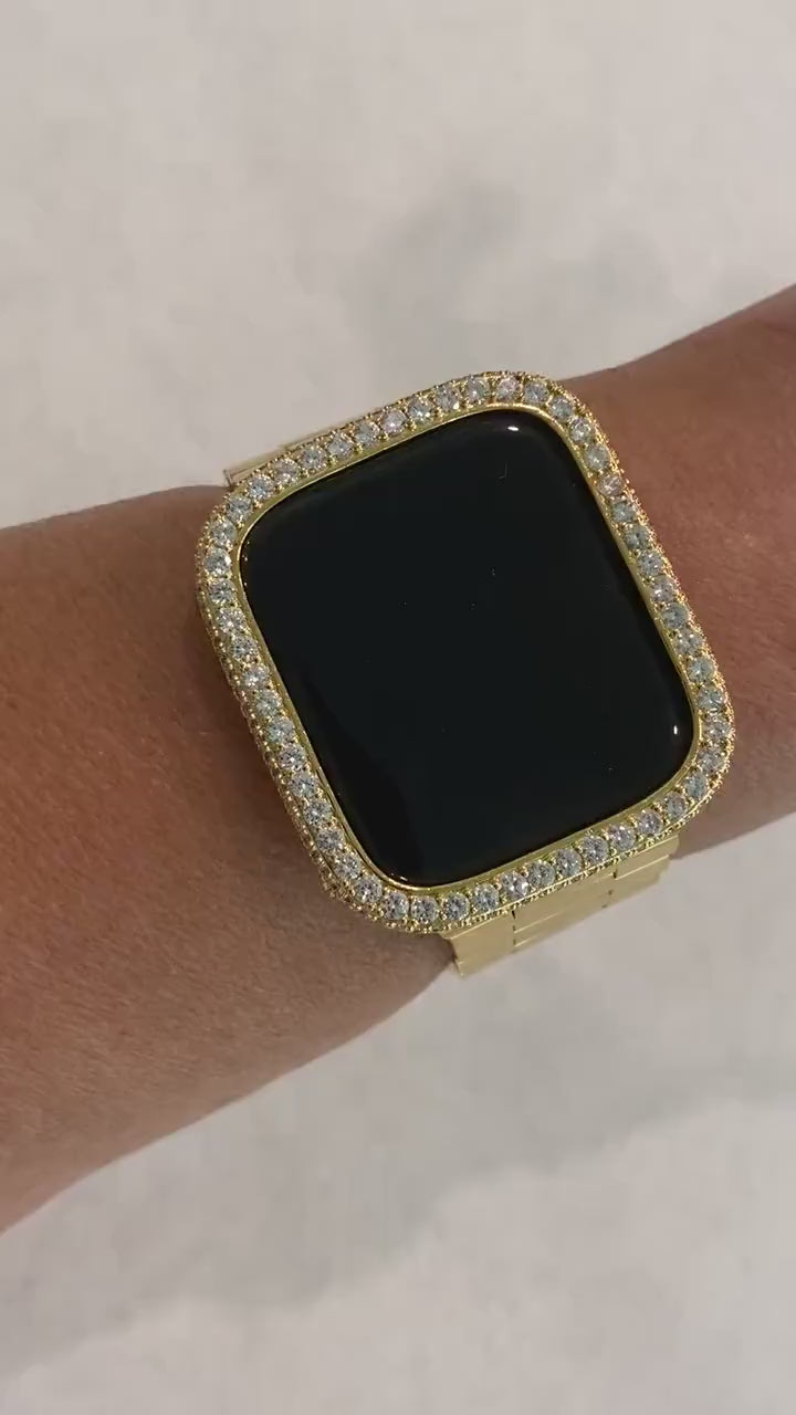 Custom Apple Watch Band Gold Stainless 38mm-49mm Ultra & or Iced Out Lab Diamond Bezel Cover Gift for Him Series 10-11