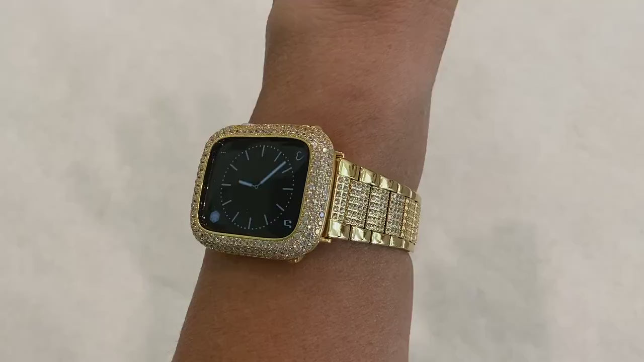 Gold Apple Watch Band 38mm-49mm Ultra Stainless Steel Swarovski Crystals & or Apple Watch Case Lab Diamond Bezel Apple Watch Cover Series 11