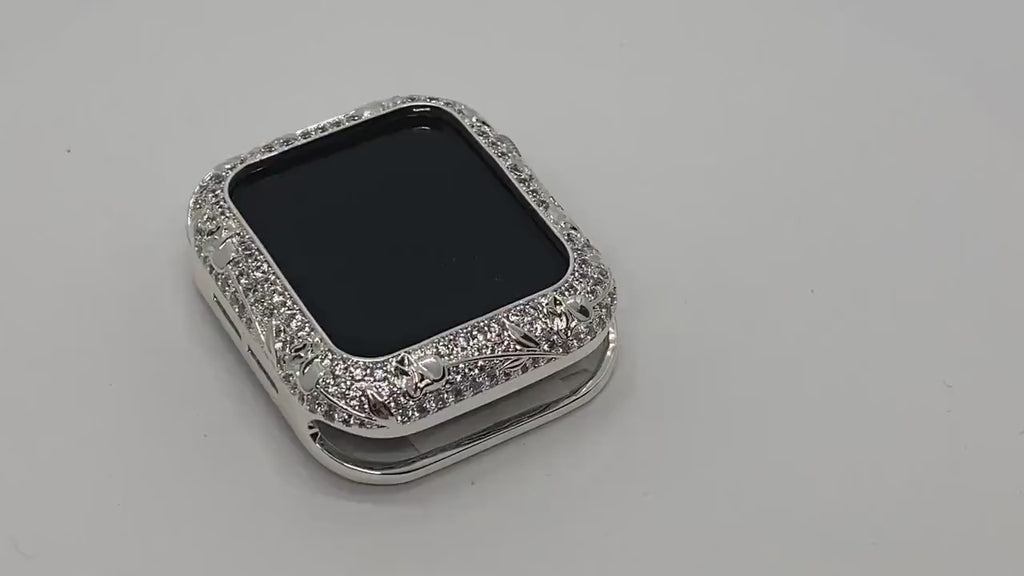 Swarovski Crystal Apple Watch Cover Silver, Apple Watch Case Floral Iphone Watch Case Bling 38mm 40mm 41mm 42mm 44mm 45mm Series 2-9 Gift