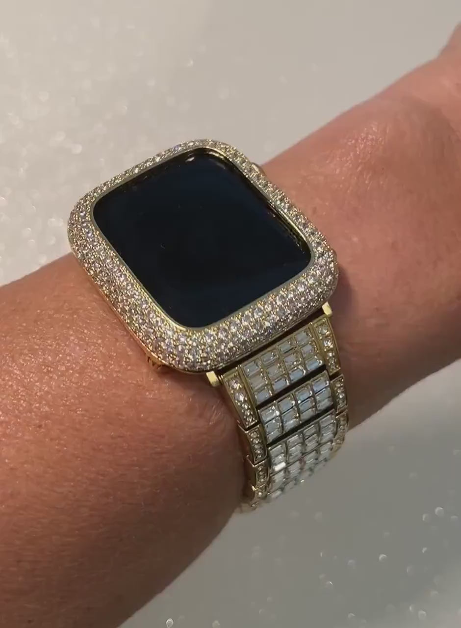 Statement Apple Watch Band Gold 49mm Ultra Baguette  Crystals & or Apple Watch Case Lab Diamond Bezel Apple Watch Cover 38mm-45mm