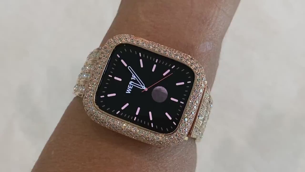 Designer Apple Watch Band Women Ultra Rose Gold Stainless Steel Swarovski Crystal & or Lab Diamond Bezel Apple Watch Cover Smartwatch Bumper