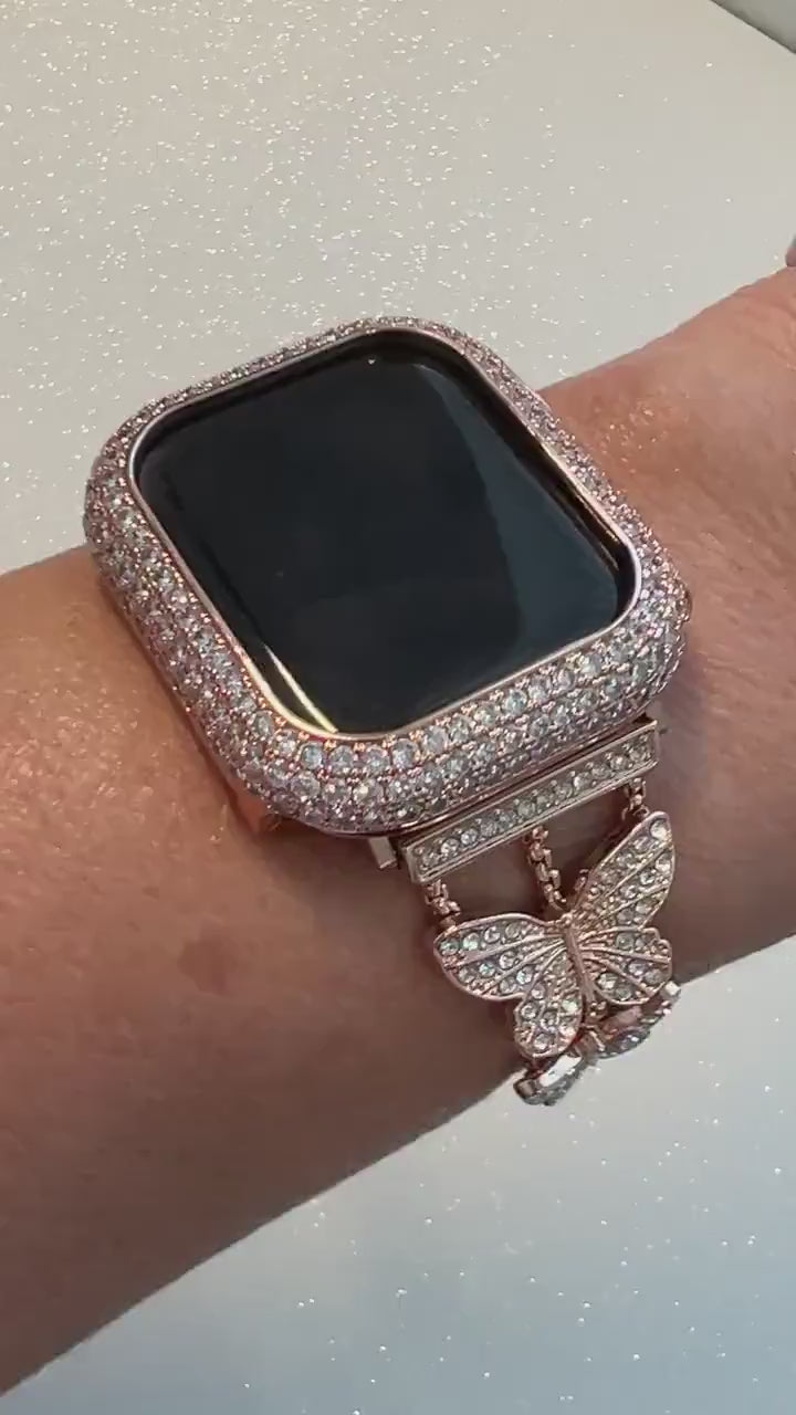 Butterfly Apple Watch Band 49mm Woman Rose Gold Swarovski Crystals & or Apple Watch Case Pave Lab Diamond Bezel Apple Watch Cover Bling