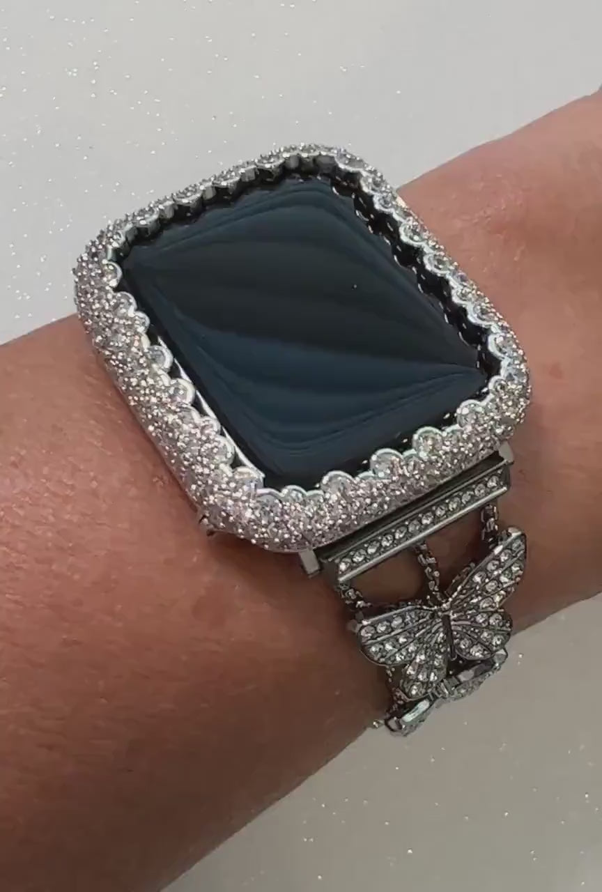 Apple Watch Band 49mm Woman Silver Butterfly High End Crystal & or Apple Watch Case Pave Lab Diamonds Apple Watch Cover Iwatch Candy Bling