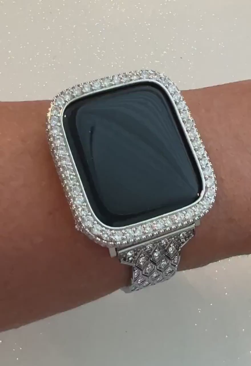 Pave Apple Watch Band Silver Swarovski Crystals 38mm-49mm Ultra & or Apple Watch Cover Lab Diamond Bezel Apple Watch Case Series 10-11
