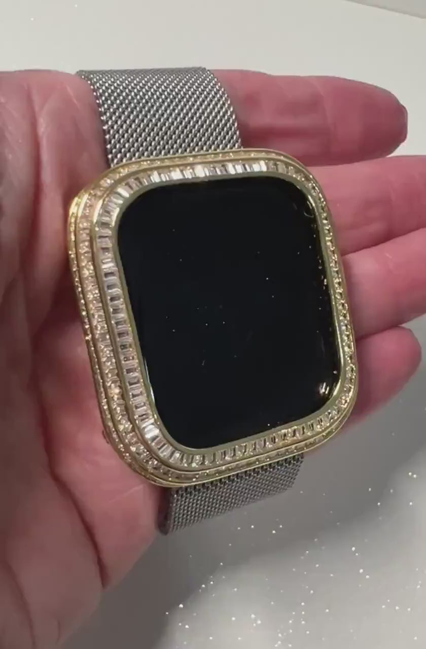 Yellow Gold Apple Watch Case Lab Diamond Bezel Apple Watch Cover 40mm 41mm 44mm 45mm 3 Rows of Baguettes Smartwatch Bumper Bling