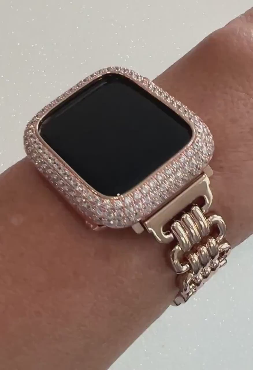 Rose Gold Designer Apple Watch Band Link Bracelet, Iphone Watch Band & or Apple Watch Case Lab Diamonds Bezel Iwatch Phone Cover Minimalist