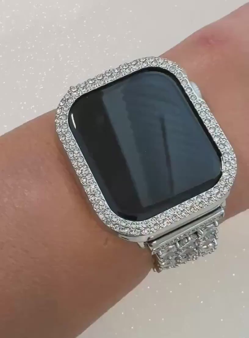 Series 10-11 Apple Watch Band Woman Silver and or Apple Watch Cover Lab Diamond Bezel Bling 38mm 40mm 41mm42mm 44mm 45mm 46mm 49mm Ultra
