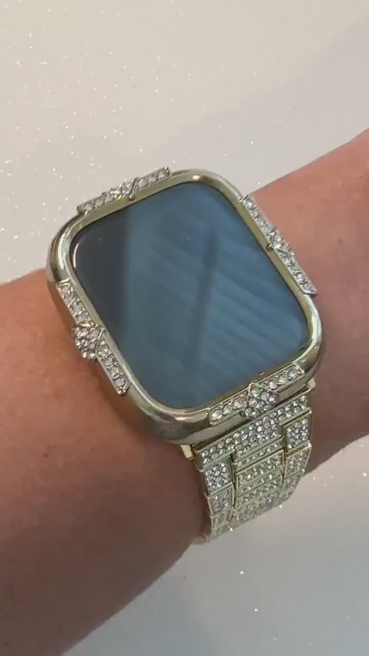 Series 10-11 Gold Apple Watch Band Womens Bracelet 40mm-46mm Swarovski Crystals & or Apple Watch Case Iwatch Cover Screen Protector Bling