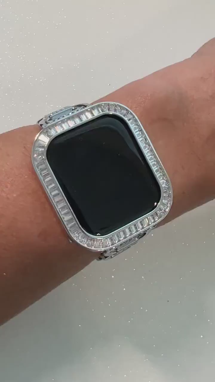 Apple Watch Band Women Silver Link Bracelet with Crystals & or Apple Watch Cover Baguettes Lab Diamond Iwatch Candy Bling 38-49mm