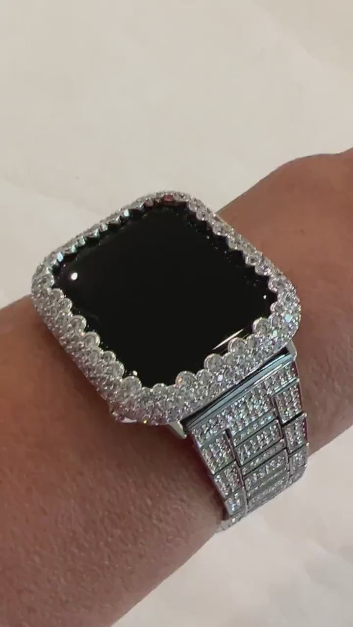 White Gold Apple Watch Band Swarovski Crystal & or Silver Lab Diamond Bezel Apple Watch Cover Apple Watch Case Series 2-11 SE 38-49mm Ultra