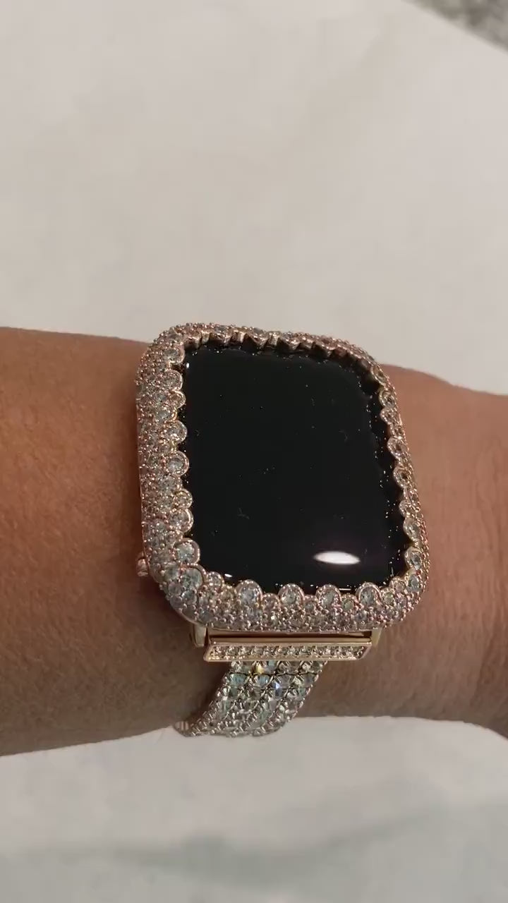 Apple Watch Band Women Rose Gold Swarovski Crystal 38mm-49mm Ultra & or Apple Watch Cover Lab Diamonds Iwatch Candy Bumper Case Bling