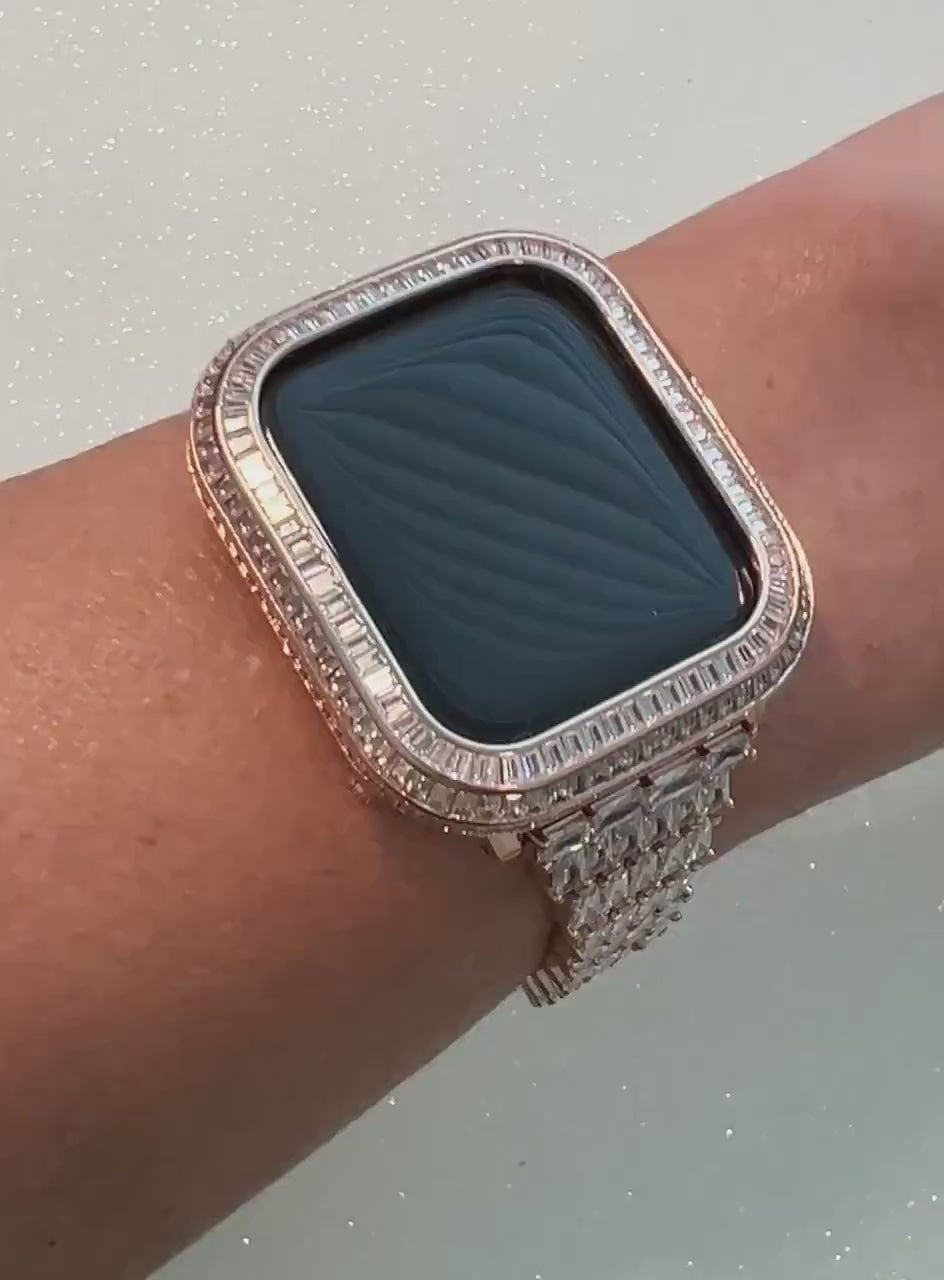 Rose Gold Apple Watch Band Women Swarovski Crystals Baguettes & or Apple Watch Cover Lab Diamond Bezel Apple Watch Case Iwatch Candy Bling