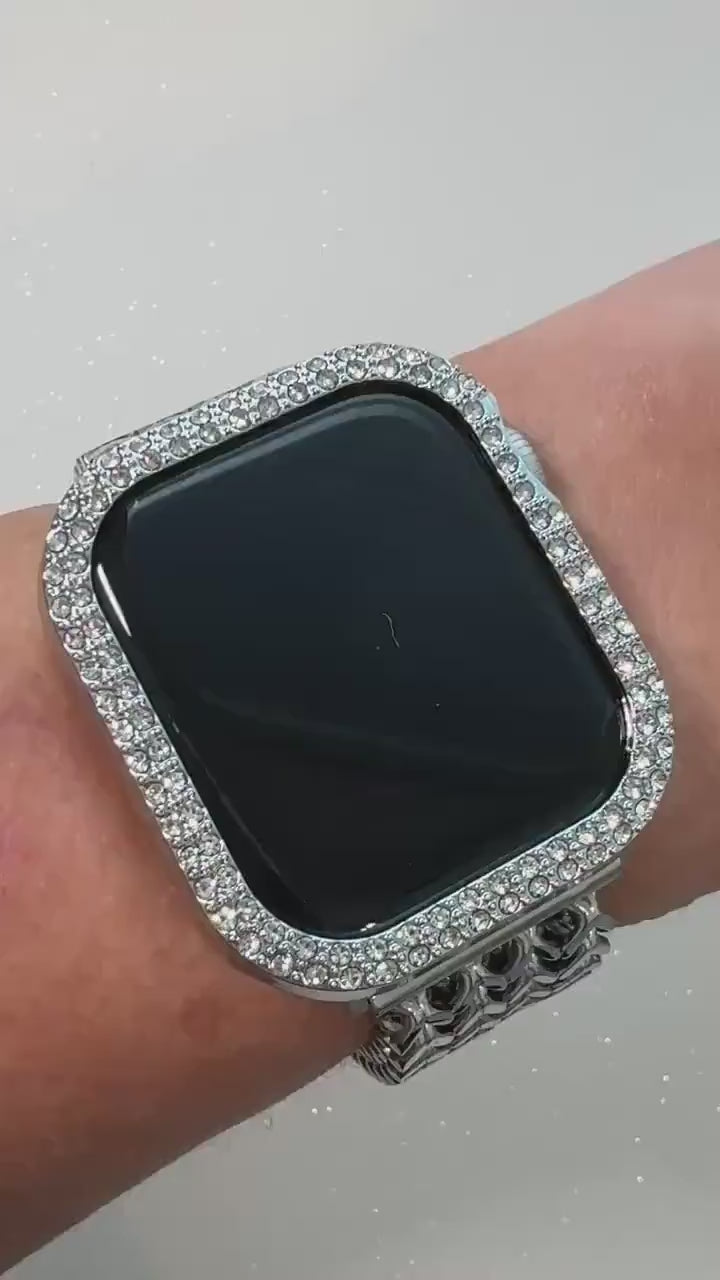 Silver Apple Watch Band Series 12 Stainless Steel Women & or Apple Watch Case High End Crystal 38mm-49mm Ultra Protective Iphone Watch Case