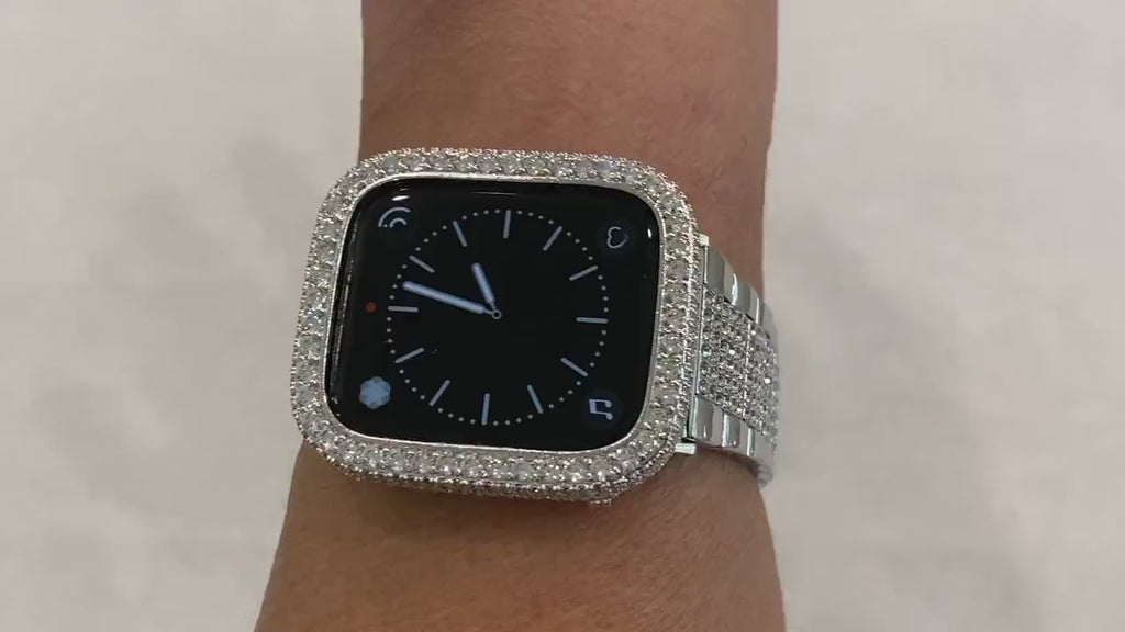Series 10-11 Apple Watch Band Silver Stainless Steel High End Crystals & or Apple Watch Cover 2.5mm Lab Diamond Bezel Iwatch Case 38mm-49mm