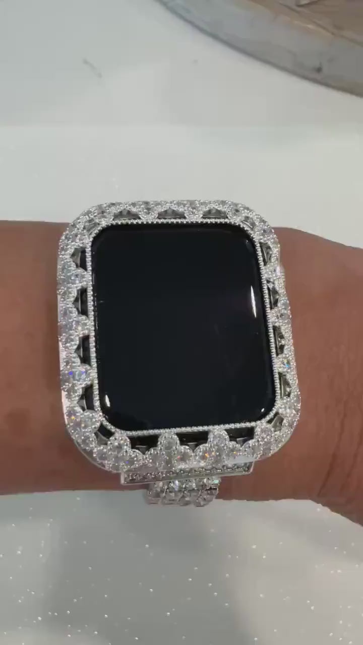 Series 10-12 Silver Apple Watch Case Flower in Swarovski Crystals 41-46mm Protective Apple Watch Bezel Only No Band Iwatch Case Only
