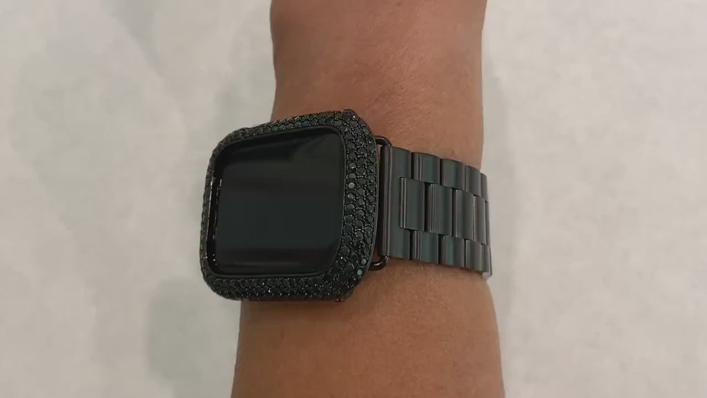 Black Apple Watch Band Stainless Steel & or Apple Watch Cover Lab Diamond Bezel Apple Watch Case 38 40 41 42 44 45 46 49mm Ultra Bling