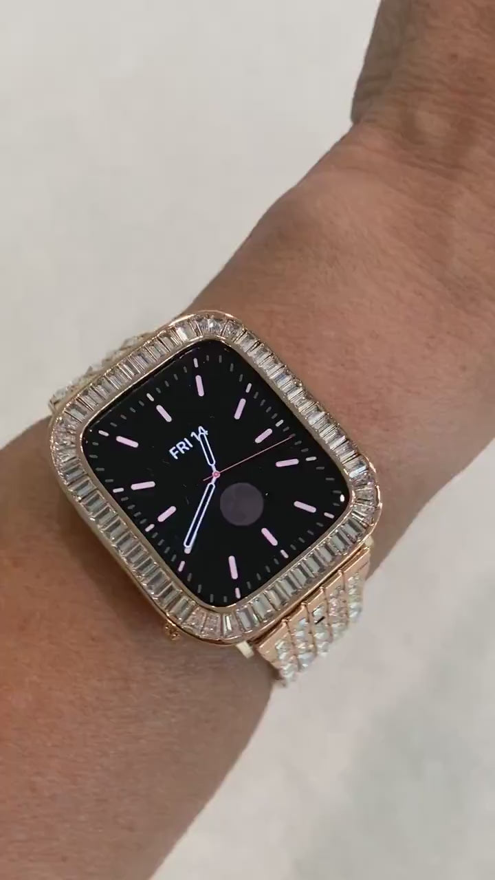 Apple Watch Band  Rose Gold Swarovski Crystal Baguettes 38 40 41 42 44 45mm & or Apple Watch Case Lab Diamond Bezel Iwatch Candy