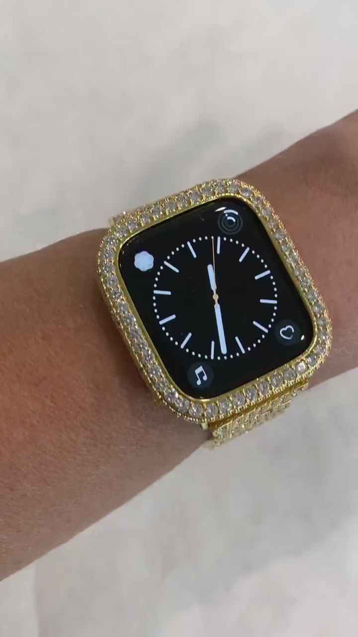 Series 10-11 Gold Apple Watch Band Stainless Steel Swarovski Crystal & or Apple Watch Cover Lab Diamond Bezel Case Iwatch Bling 38mm-49mm