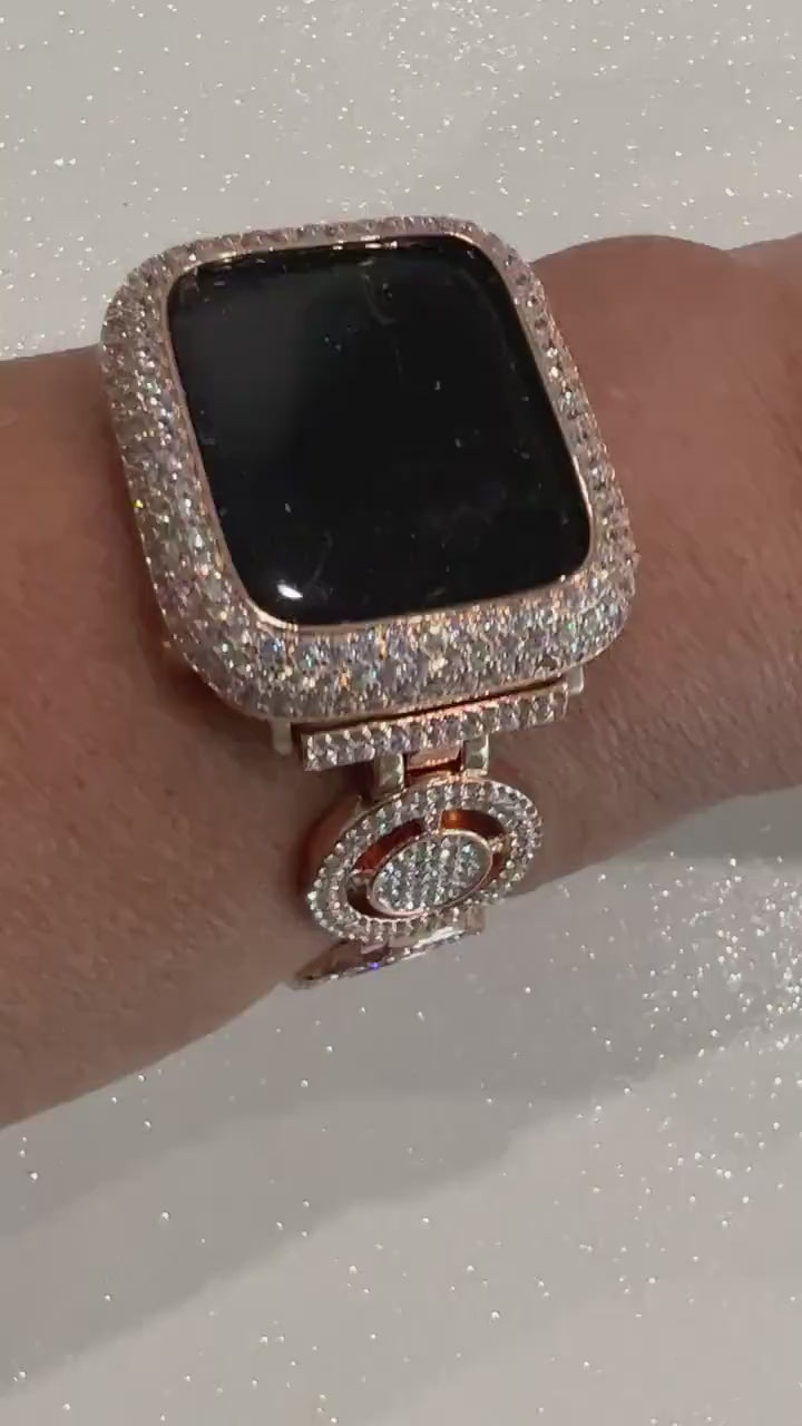 Sparkly Apple Watch Band Women,  Rose Gold Pave Crystals and or Sparkly Apple Watch Case: Lab Diamond Bezel, 38mm-49mm Ultra