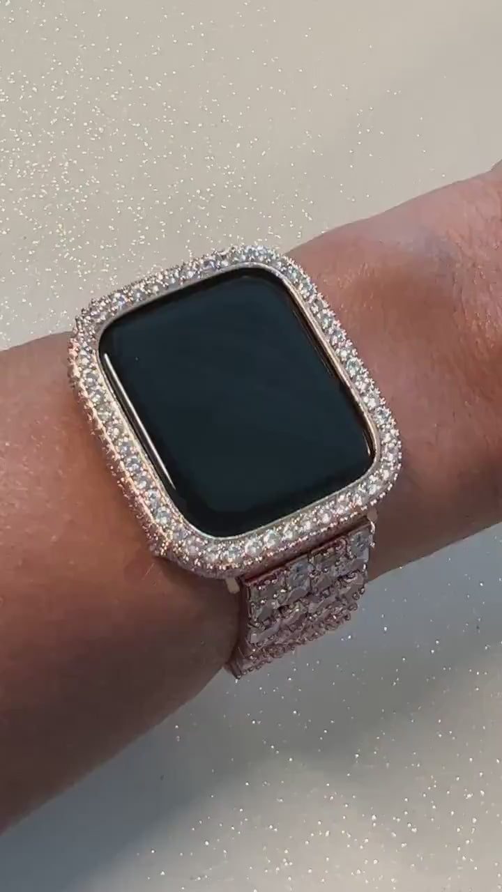 Bold Statement Apple Watch Band Womens Rose Gold Swarovski Crystals & or Apple Watch Case, Lab Diamond Bezel, Bling Apple Watch Cover