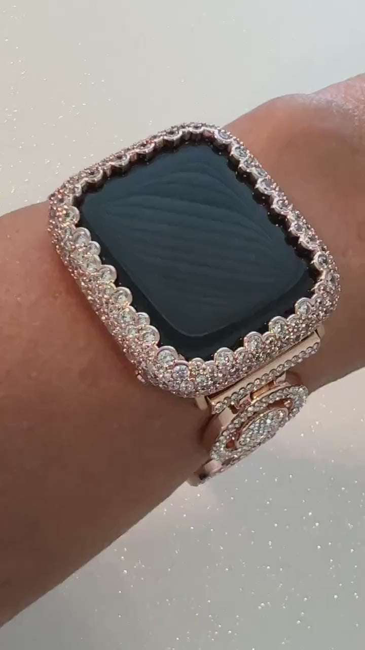Rose Gold Apple Watch Band Women Swarovski Crystal Pave 38-49mm & or Apple Watch Case Lab Diamond Bezel Apple Watch Cover Iwatch Candy Bling