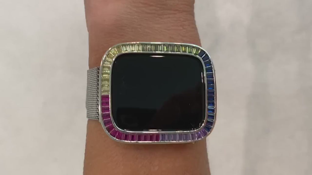 Rainbow Apple Watch Cover 40mm 41mm 44mm 45mm Silver Apple Watch Case Baguette Lab Diamond Iwatch Candy Bling Series 2-9 SE