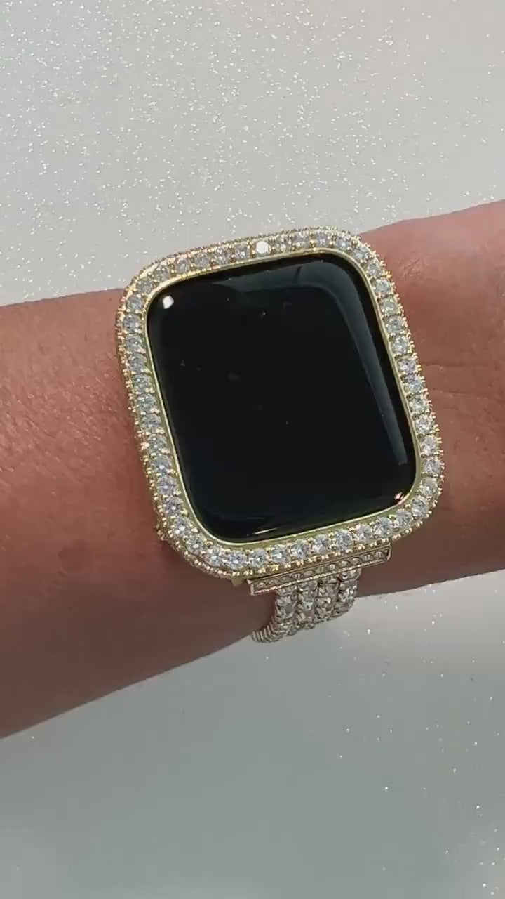 Womens Apple Watch Band Gold Swarovski Crystals & or Apple Watch Cover Lab Diamond Bezel Protective Iphone Watch Case 38mm-49mm Ultra