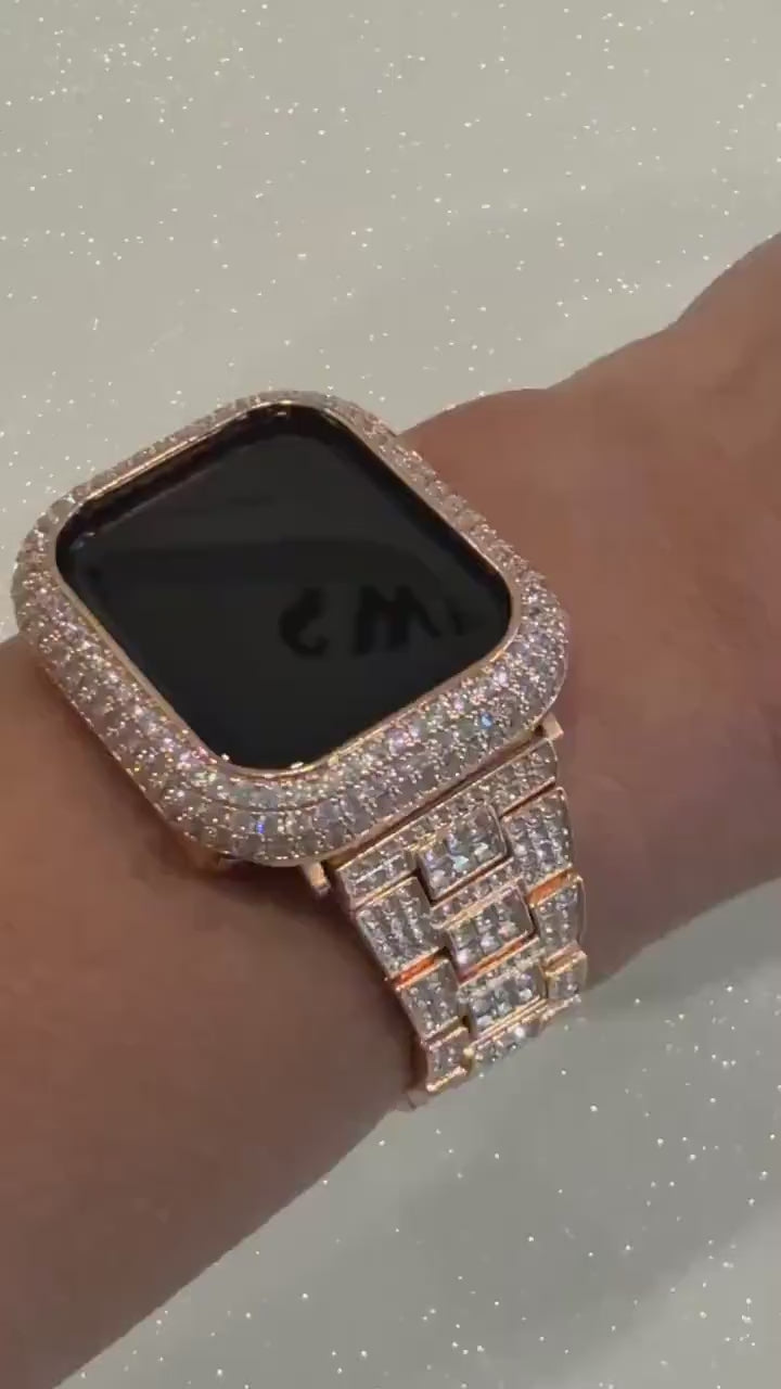 Pave Rose Gold Apple Watch Band Women 38 40 41 42 44 45 46 49 Ultra Swarovski Crystal & or Apple Watch Cover Lab Diamond Bezel Series 10-12