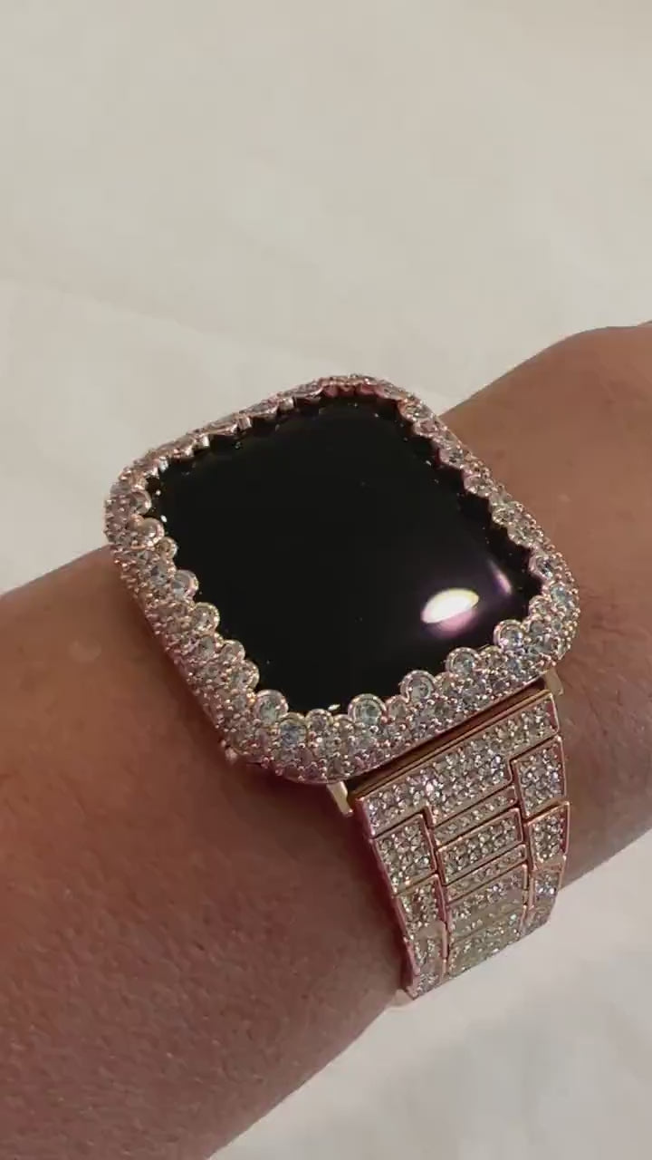Designer Apple Watch Band Womens Rose Gold Swarovski Crystal & or Apple Watch Case Protective Iphone Watch Cover  Bling 38mm-45mm 49mm Ultra