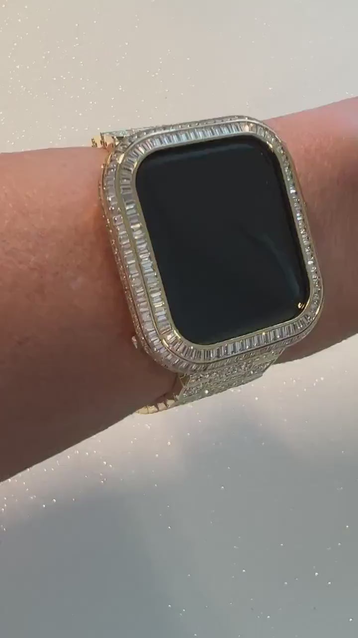 Luxury Apple Watch Band Yellow Gold Stainless Steel Swarovski Crystals & or Apple Watch Case Baguette Lab Diamond Bezel Cover Iwatch Candy