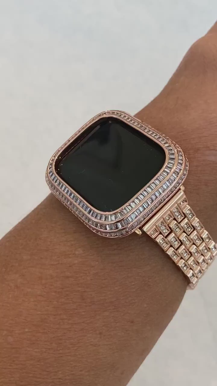 Rose Gold Apple Watch Band with Swarovski Crystals & or Apple Watch Cover Baguette Lab Diamond Bezel Cover 40mm 41mm 44mm 45mm