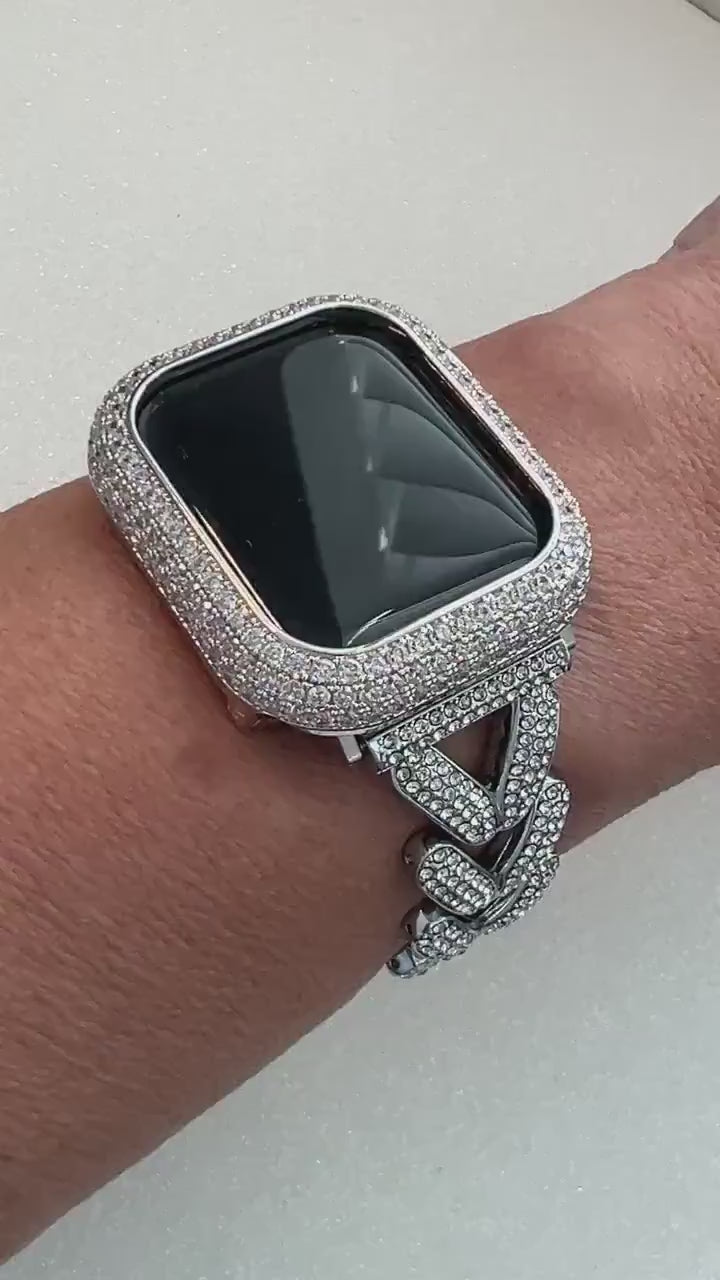 Crystal Apple Watch Band,  Woman Silver Heart Charm Bracelet & or Bling Apple Watch Case, Lab Diamond Bezel