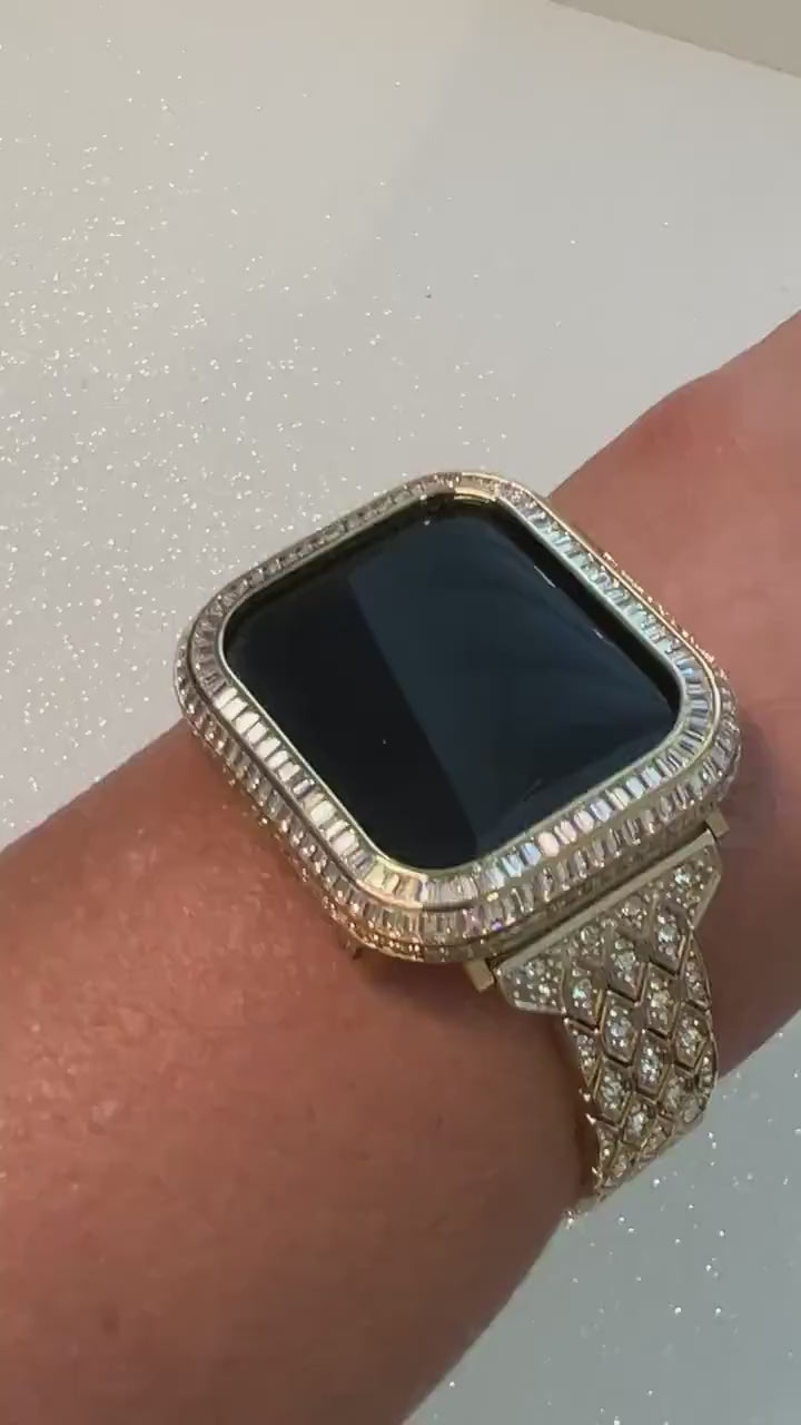 Designer Apple Watch Band Womens Gold, Crystal Iphone Watch Bracelet & or Apple Watch Cover Baguette Lab Diamond Bezel Iwatch Candy Bling
