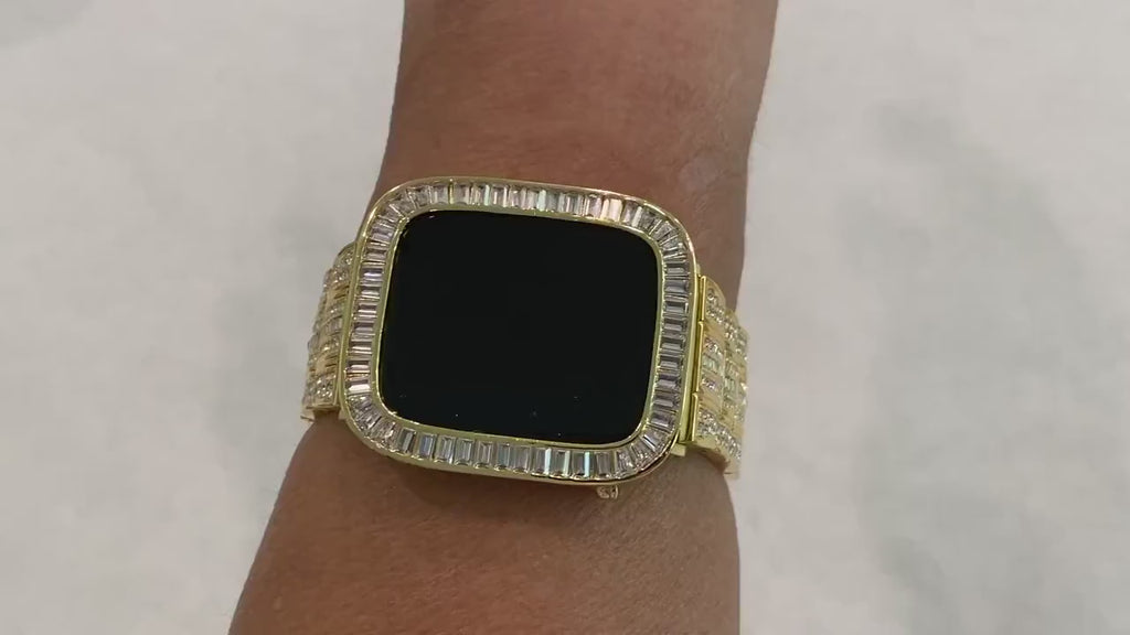 Yellow Gold Custom Apple Watch Case Lab Diamond Baguette Bezel Series 38mm-46mm Series 10-11