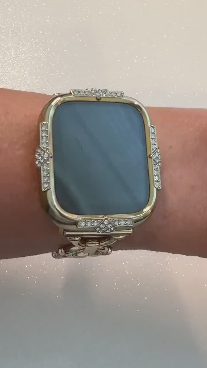 Minimalist 14K Gold Apple Watch Band Womens Bracelet 41mm 45mm & or Apple Watch Case Swarovski Crystals 40mm 44mm Screen Protector Bling