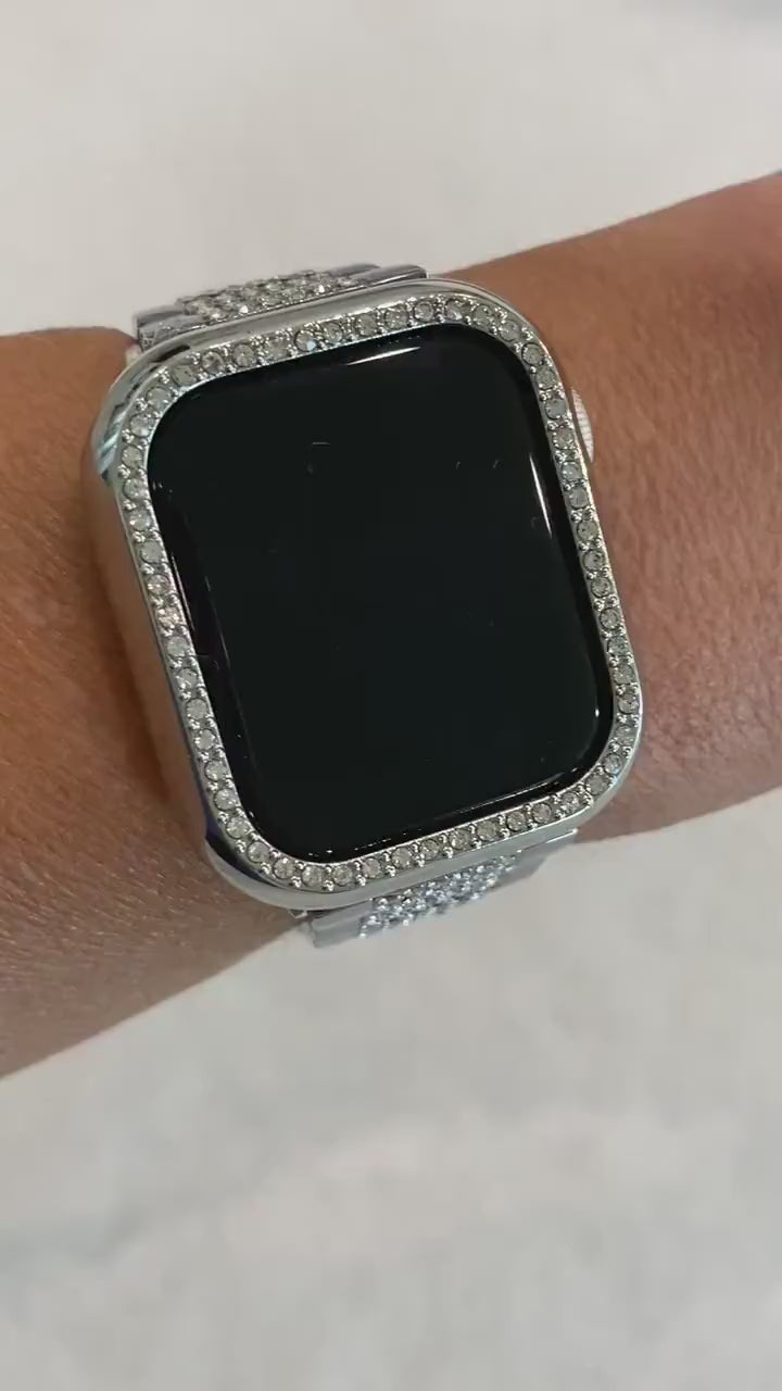 Series 10-11 Apple Watch Band 42mm 46mm Swarovski Crystal Silver Stainless Steel & or Apple Watch Case Protective Cover 41mm 45mm 49mm Ultra