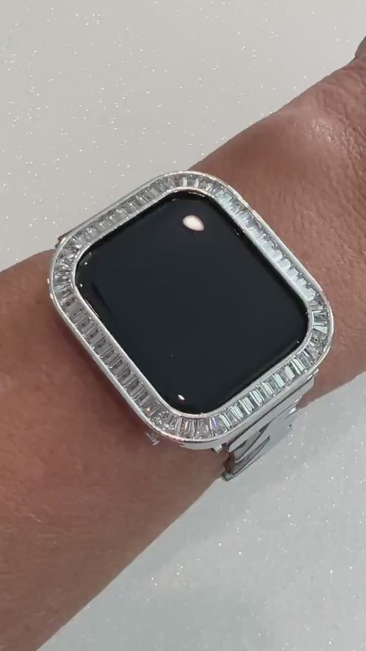 Designer Apple Watch Band Women Silver, Iwatch Phone Band Bracelet 38-46mm & or Apple Watch Case Baguette Lab Diamond Bezel Series 2-11