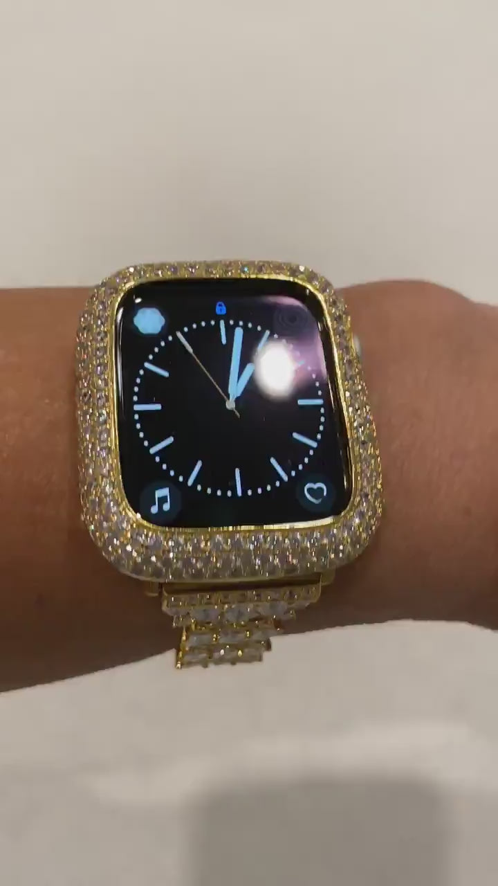 Gold Apple Watch Band 38mm-49mm Ultra Swarovski Crystals & or Apple Watch Cover Lab Diamond Bezel Smartwatch Bumper Bling Gift for her