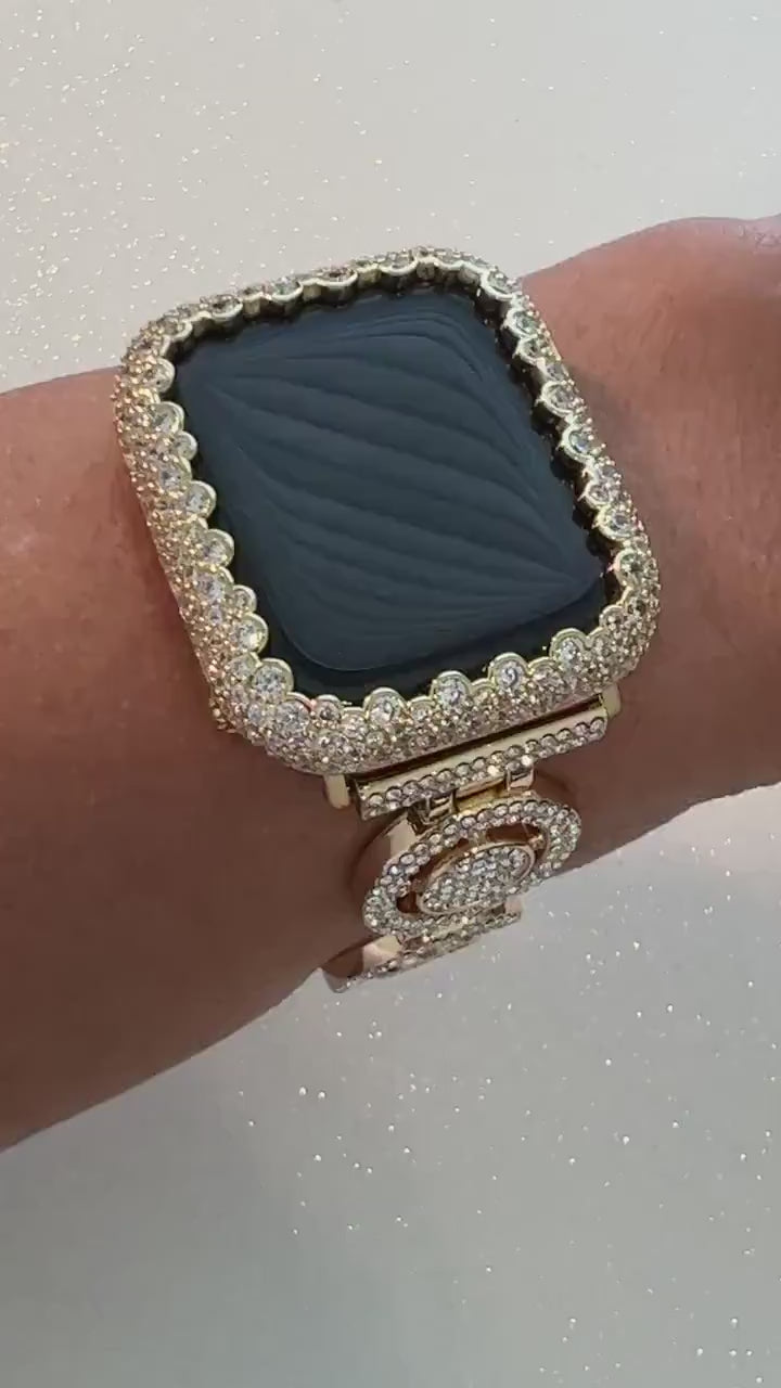 Apple Watch Band Womens Yellow Gold Swarovski Crystal Pave 38-49mm & or Apple Watch Cover Lab Diamond Bezel Case Iwatch Candy Bling Series 9