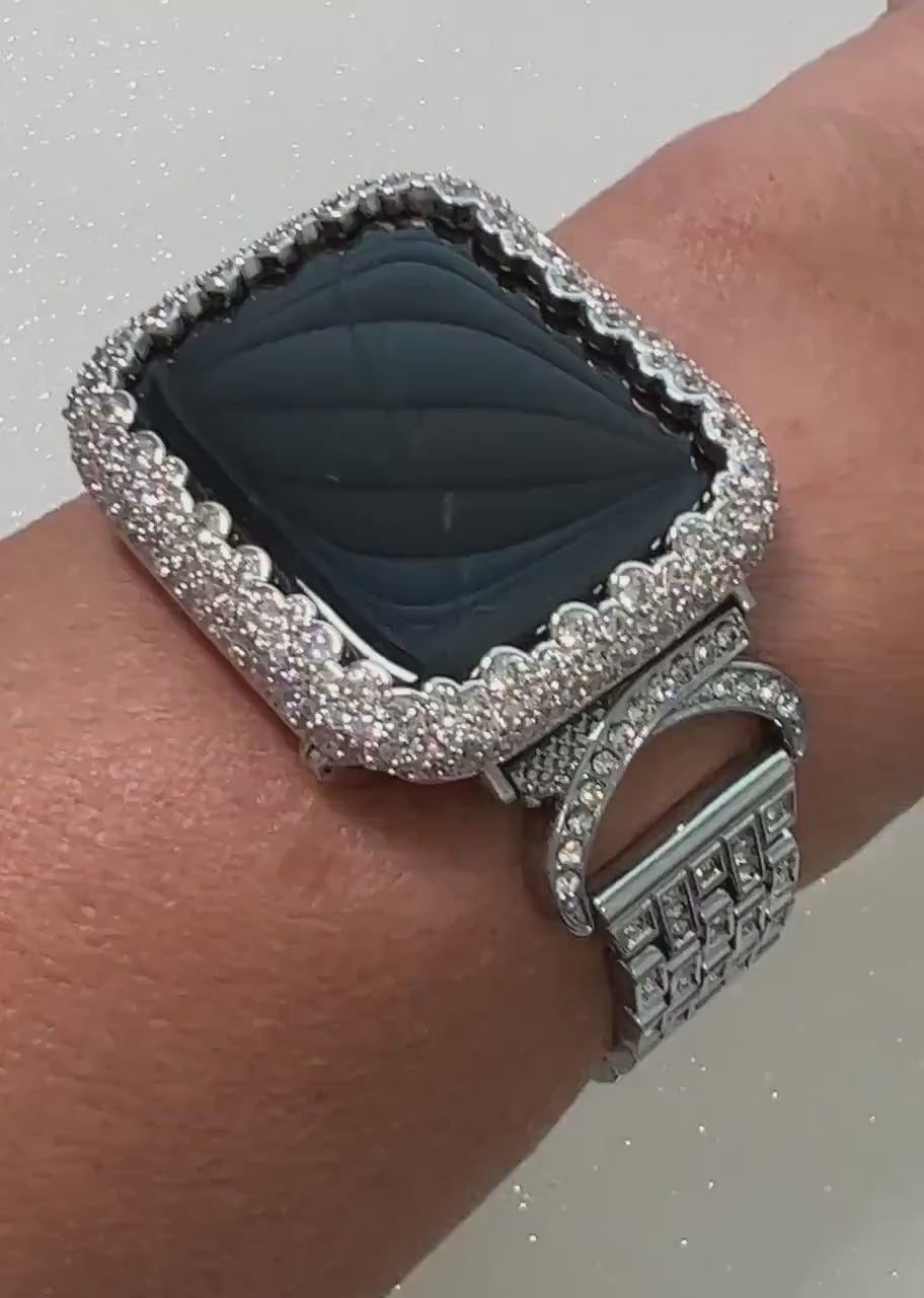 Womens Apple Watch Band Silver 38mm-49mm Ultra Swarovski Crystal & or Apple Watch Case Lab Diamond Bezel Iwatch Candy Bling Series 2-11