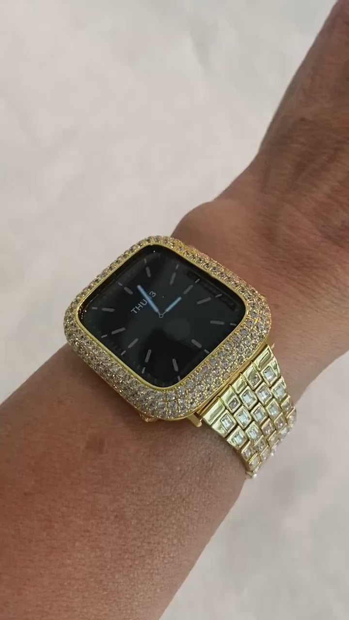 Yellow Gold Apple Watch Band Womens Baguette Swarovski Crystals & or Apple Watch Case Pave Lab Diamonds Apple Watch Cover Iwatch Candy Bling