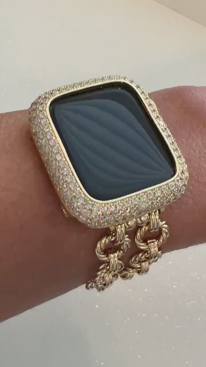 Apple Watch Band Women Gold Chain, Iphone Watch Bracelet & or Apple Watch Case Lab Diamond Bezel Iwatch Cover 39mm-49mm Ultra Series 2-9 SE