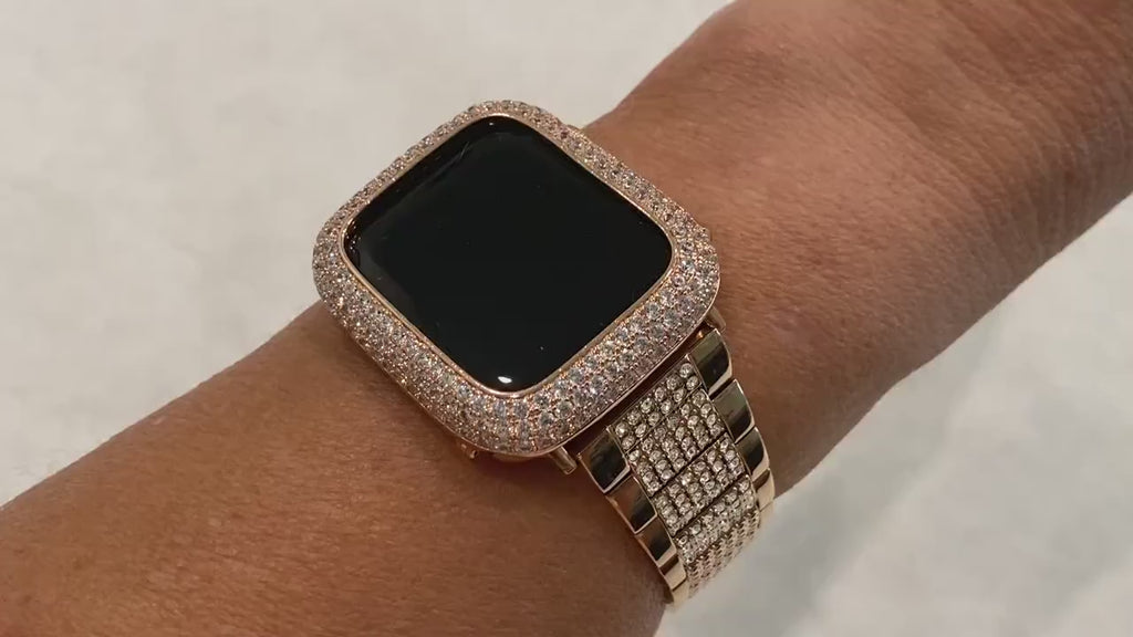 Series 11 Apple Watch Band Woman Rose Gold Swarovski Crystals Stainless Steel & or Apple Watch Cover Lab Diamond Bezel Cover 38mm-49mm Ultra